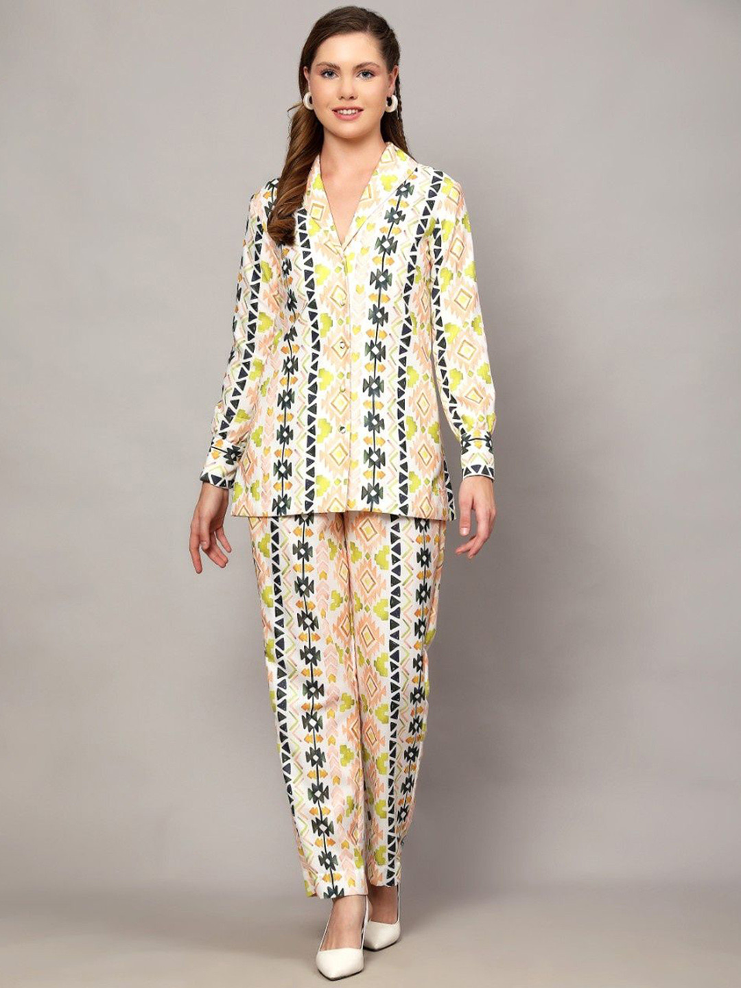Pearls and Pastels Printed Shawl Collar Linen Shirt With Trousers