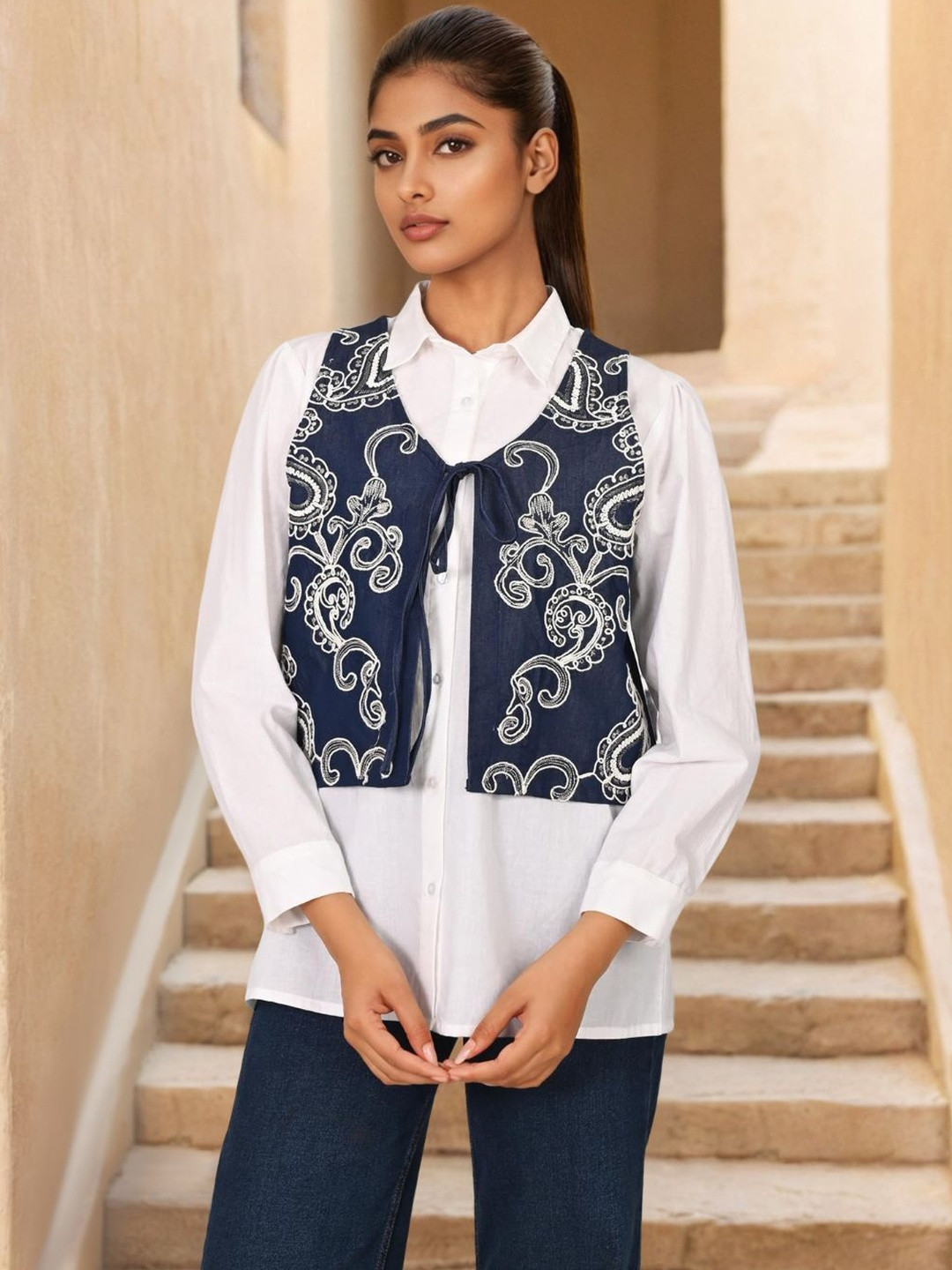Zolo Label White & Blue Embroidered Denim Shirt with Collar Neck & Full Sleeves