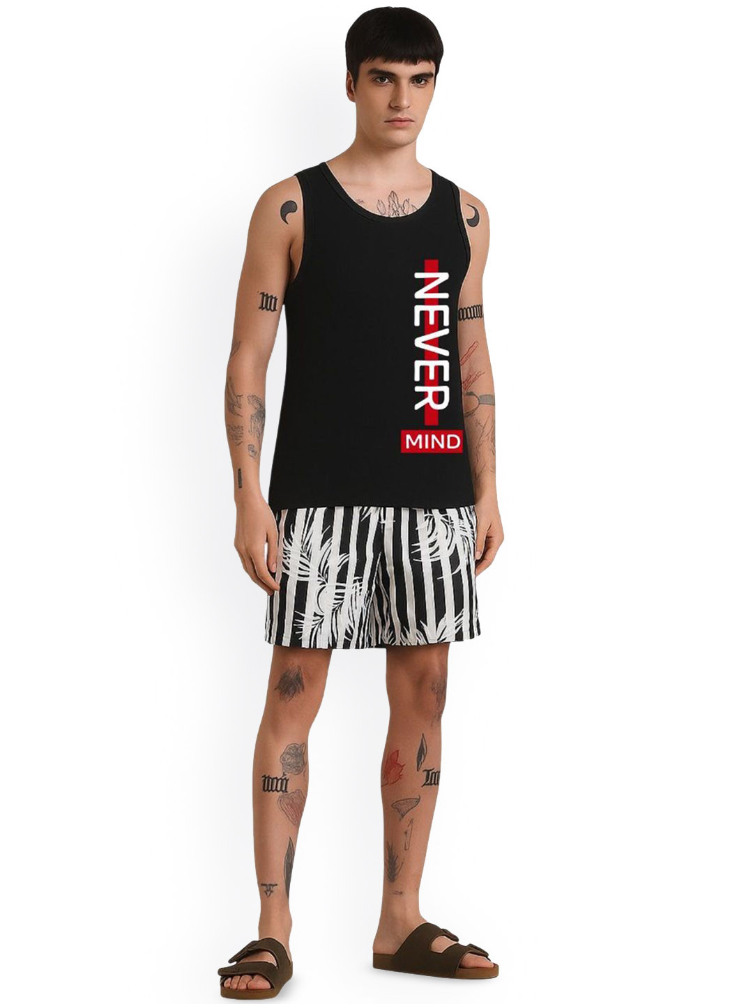 Parona Printed Round Neck Gym Innerwear Vests M--Vest-7-Black-S