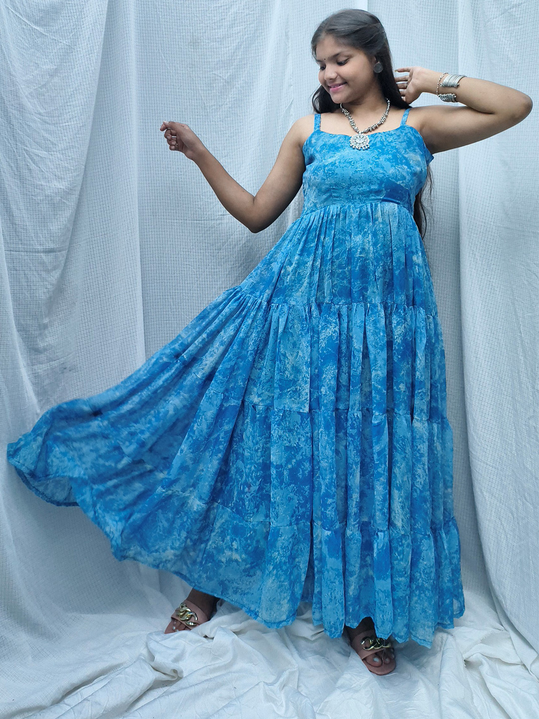 LIPS CROWN Printed Tiered Georgette Maxi Dress