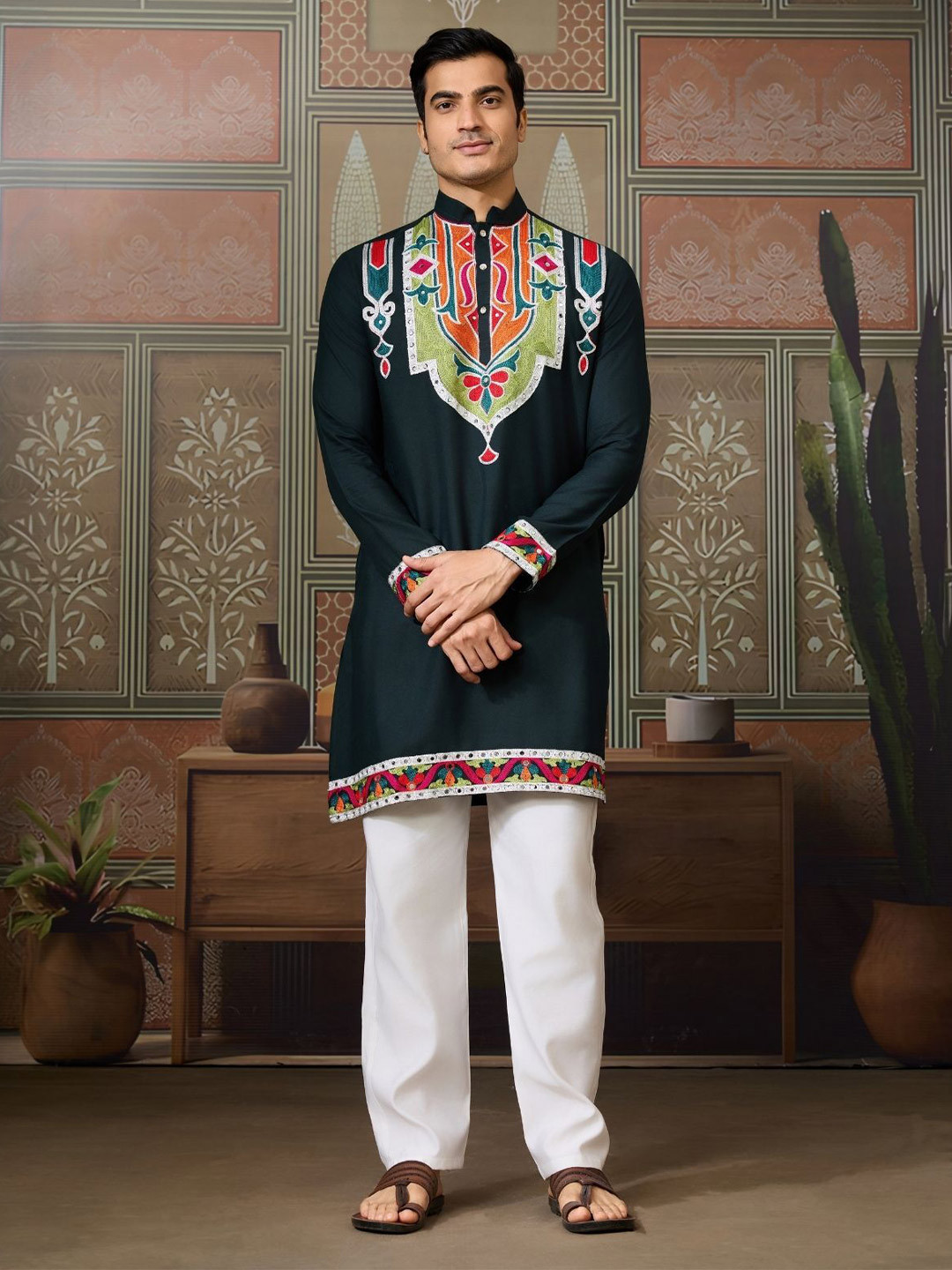 ODETTE Green Silk Blend Embroidered Stitched Kurta For Men