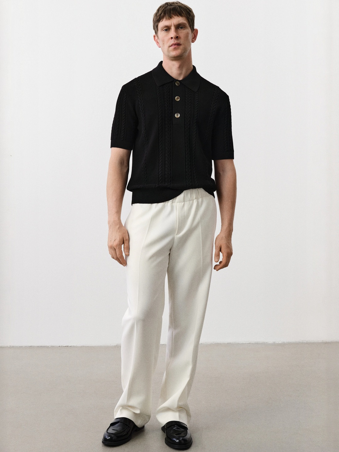 H&M Regular Fit Cable-Knit Polo Shirt