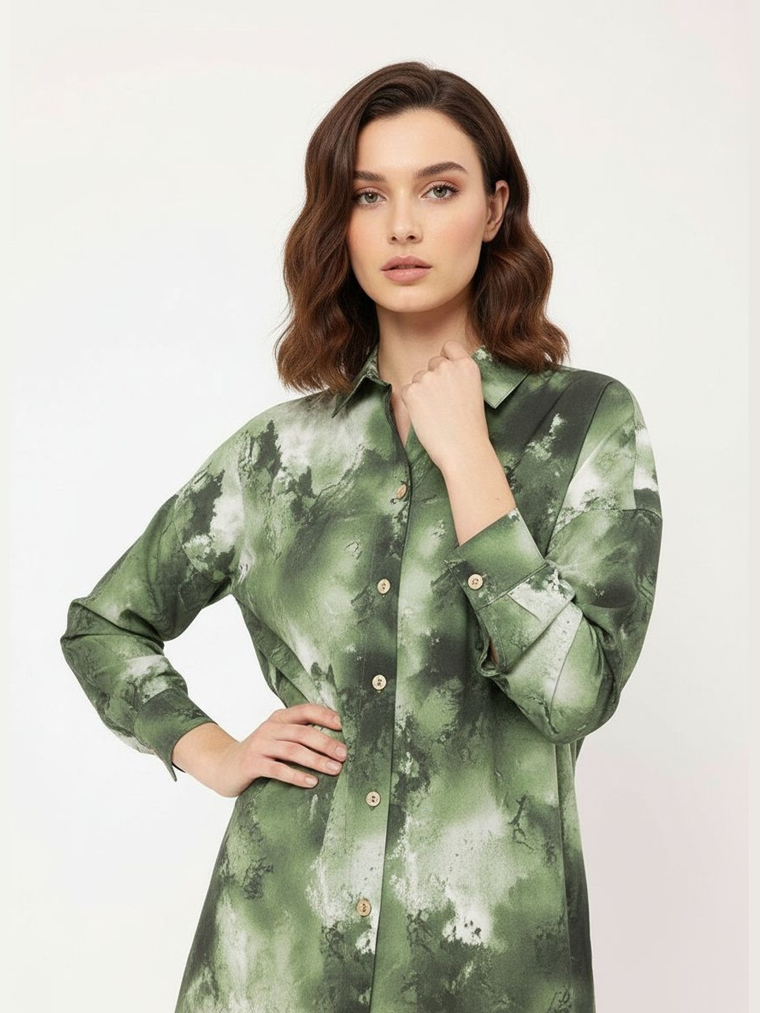 DressBerry Rugged Rhythm Dyed Drop-Shoulder Oversized Longline Shirt