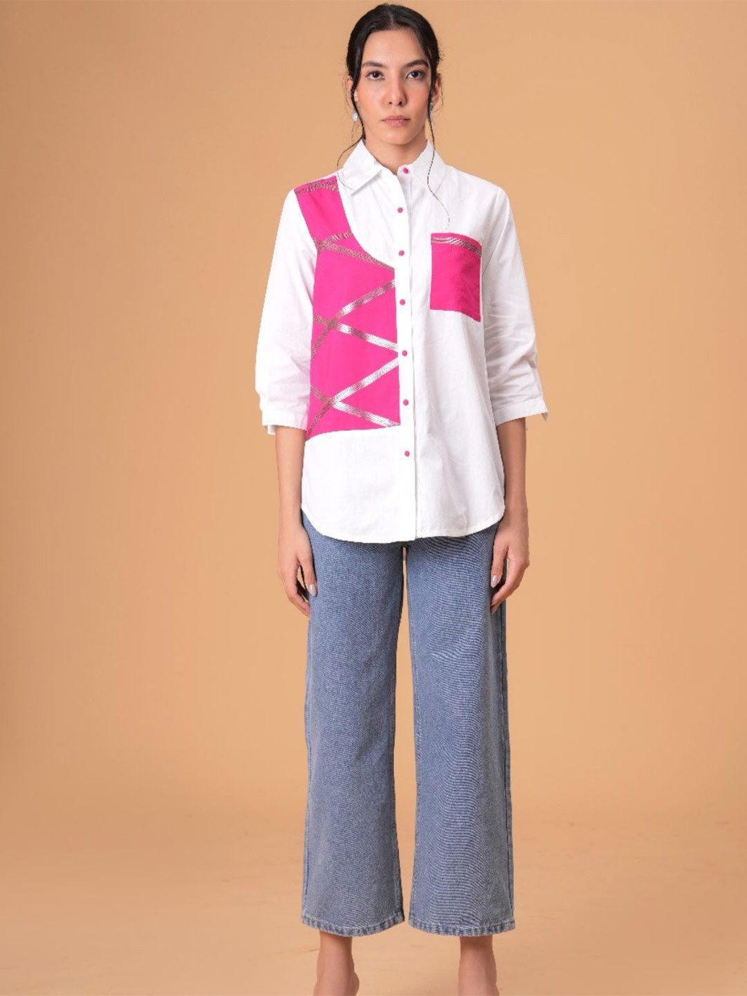 Zolo Label Women Colourblocked Utility Pockets Cotton Shirt Style Top