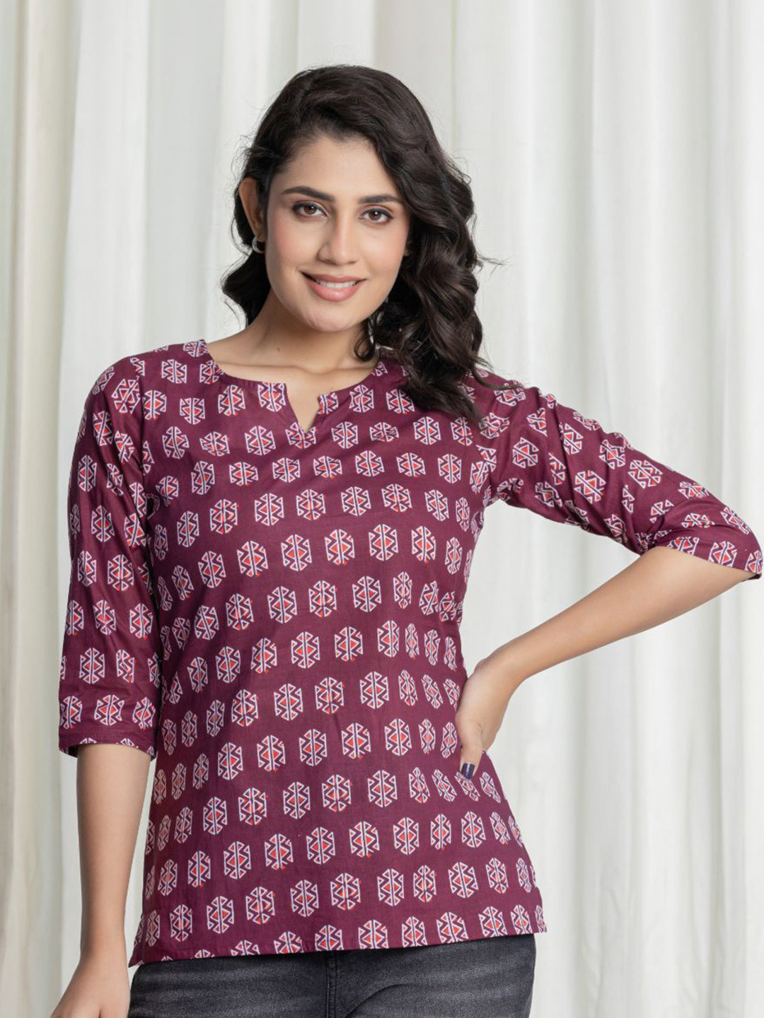 NUNCHII Women Printed Cotton Round Neck Anvesha Wine Short Kurti Top