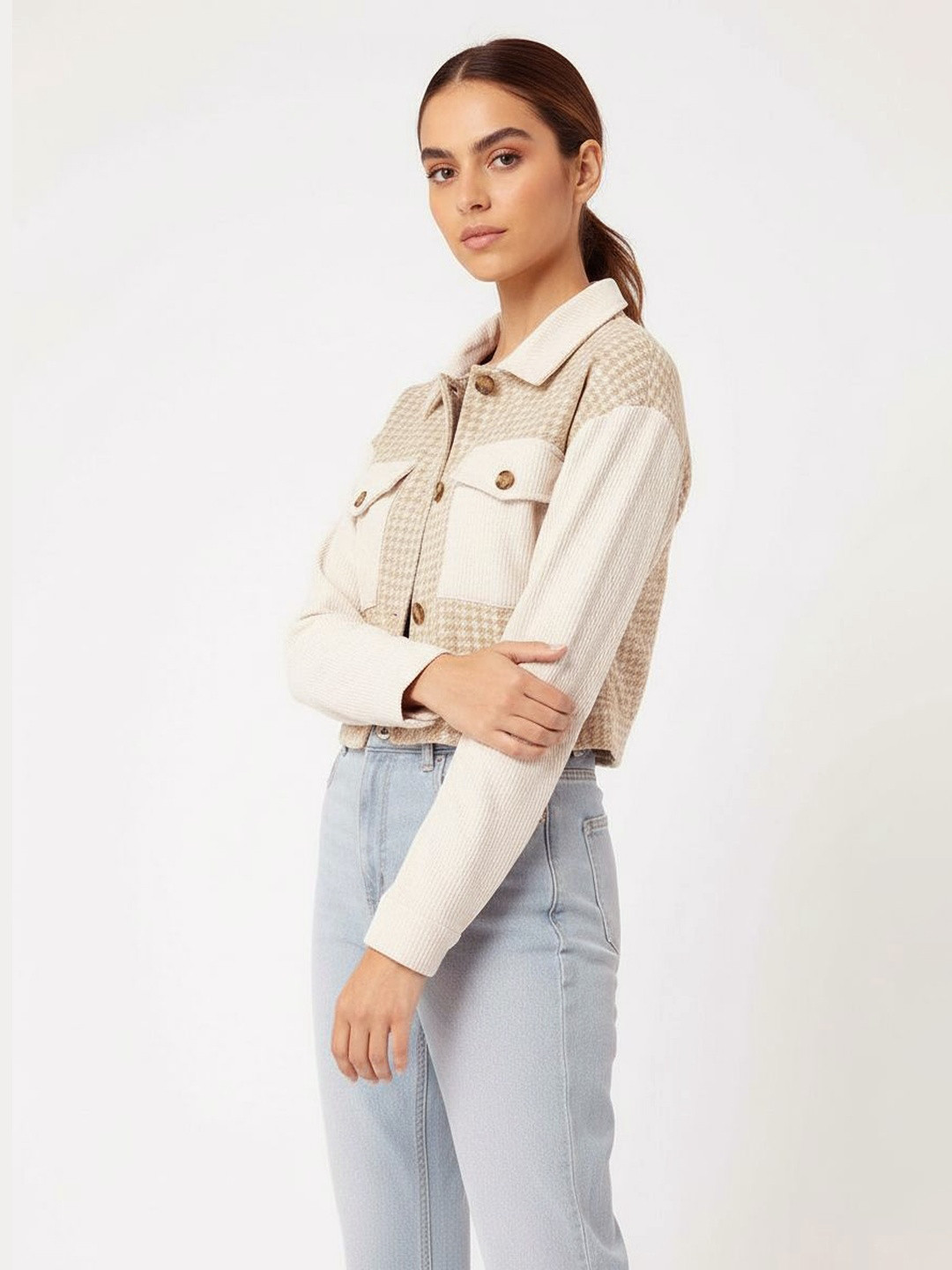 DressBerry Beige & Cream Houndstooth Crop Jacket