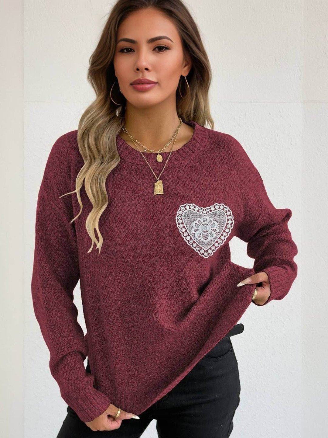 Mast & Harbour Women Round Neck Long Sleeves Heart Applique Sweaters