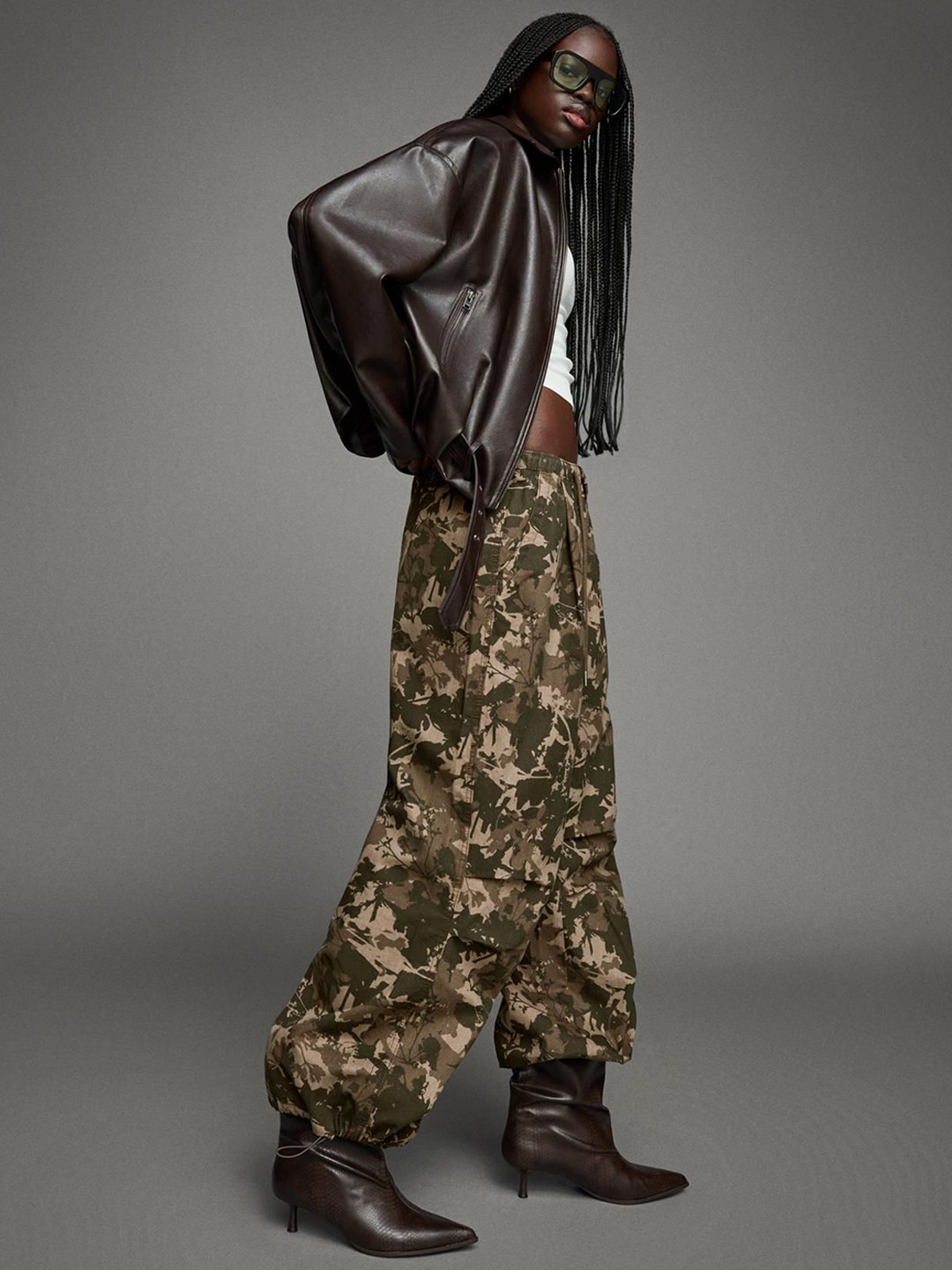 Bershka Women Camouflage Printed Parachute Cargo Trousers