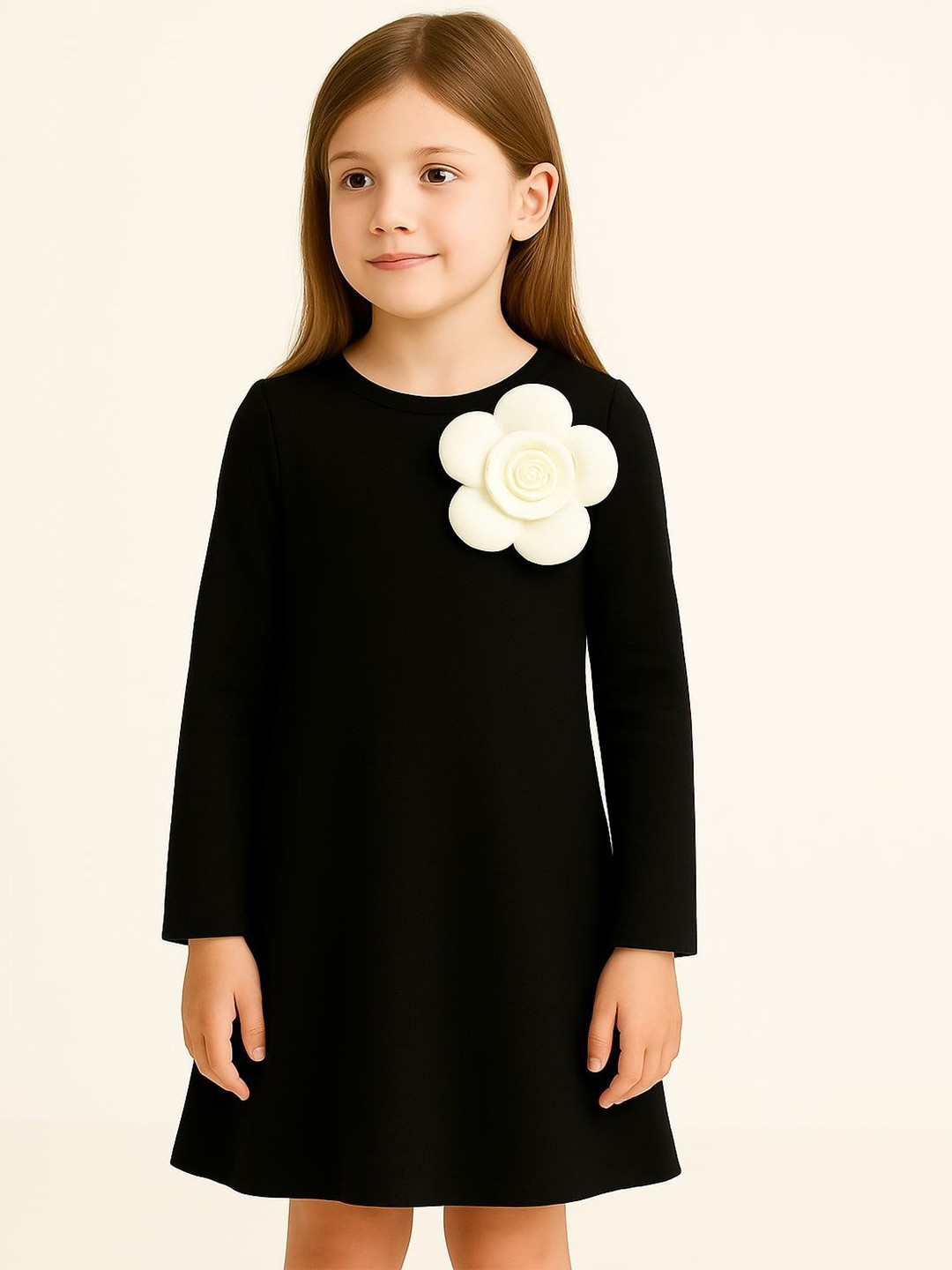 ZIP ZAP ZOOP Girls Solid Applique Round Neck Long Sleeves  A-Line Dress