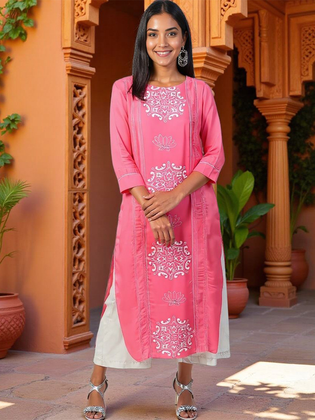 KYVO Women Lotus Inspired Printed Panelled Kurta