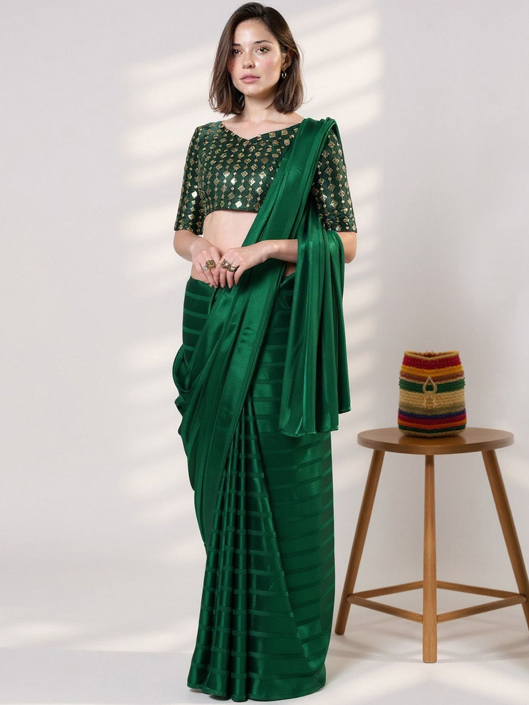 Anouk Rustic Striped No Border Satin Saree with Matching Blouse