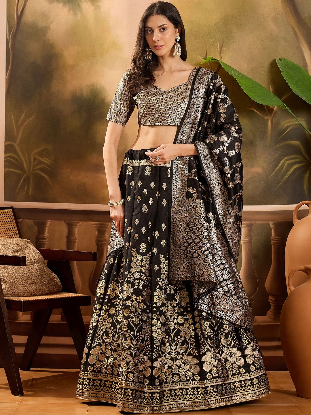 Suha Women Black Art Silk Woven Design Unstitched Lehenga Choli