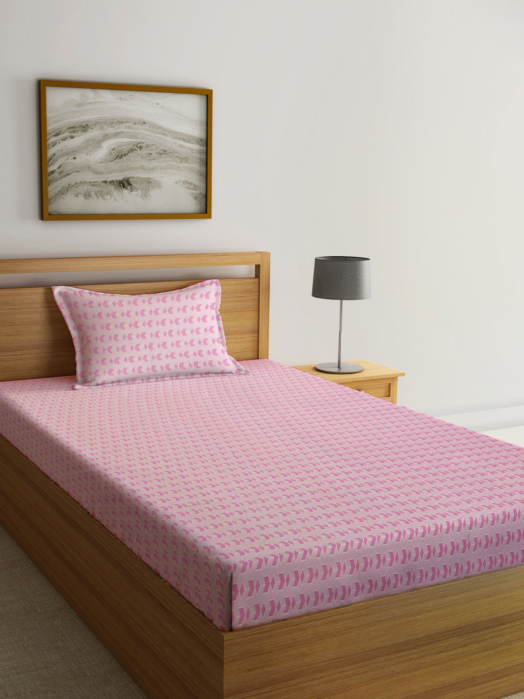 KLOTTHE Pink Geometric Printed 300TC Single Bedsheet With 1 Pillow Cover