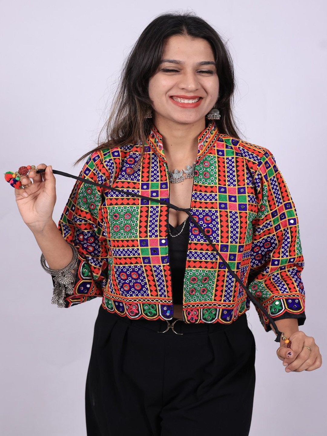 Zarkle Women Mandarin Collar Geometric Printed Tailored Cotton Jacket