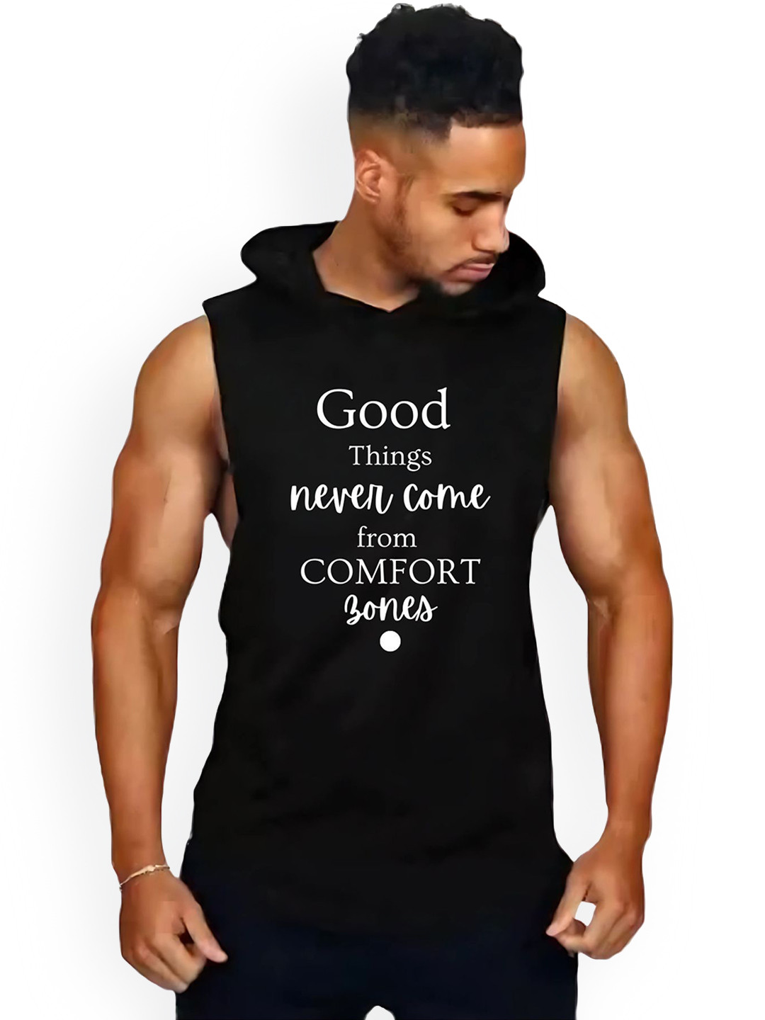 Fashnobic Men Good Things Printed Hooded Neck Gym Vest