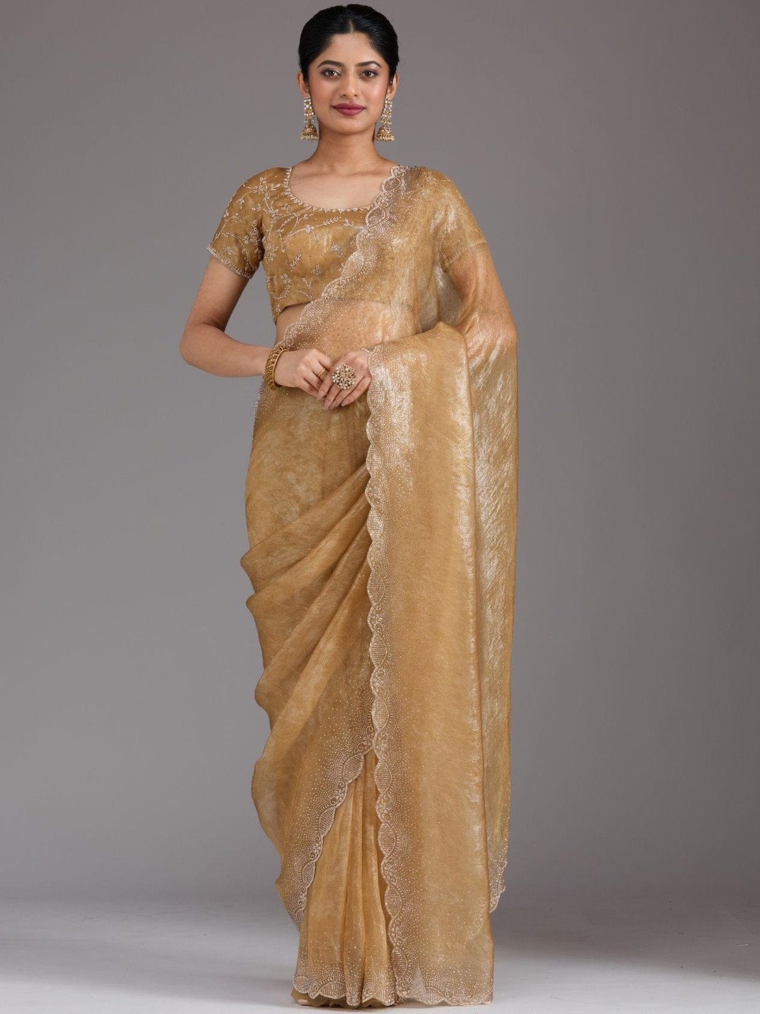 Koskii Stonework Embellished Border Tissue Saree