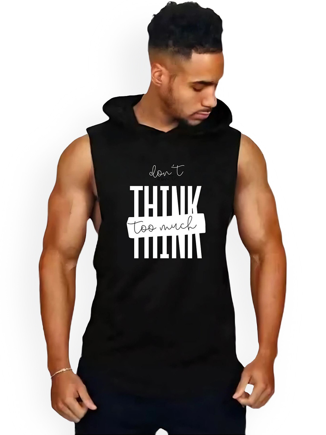 Fashnobic Men Think Too Much Printed Hooded Neck Gym Vest