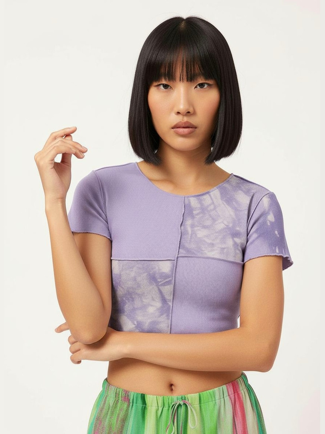 Lavender Tie-Dye Ribbed Crop Top with Round Neck