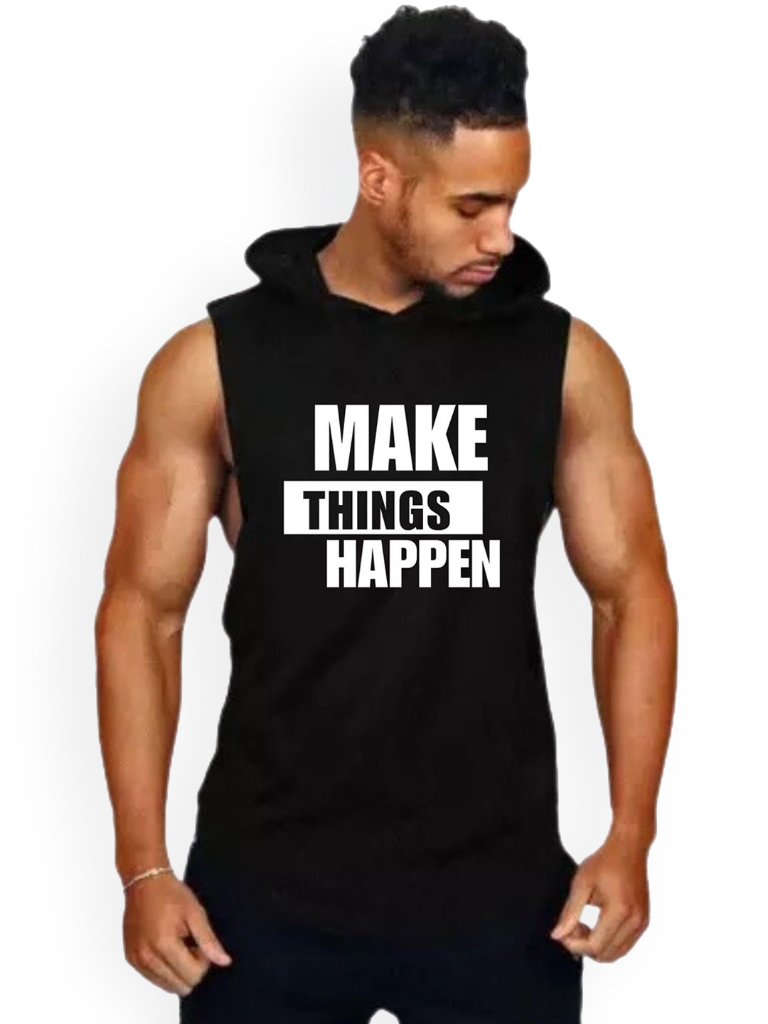 Fashnobic Men Make Things Happen Printed Hooded Neck Gym Vest FB/103_Print-276_gym_vest