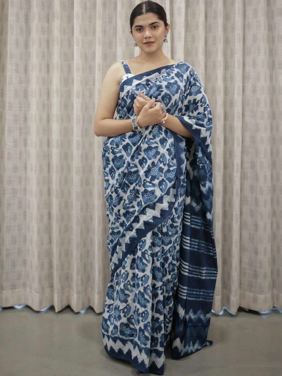 Moora Floral Pure Cotton Block Print Saree