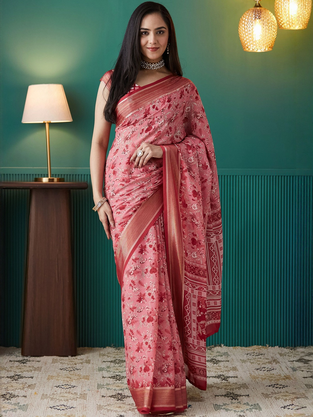 RACHNA Floral Printed Zari Georgette Foil Saree With Unstiched Blouse