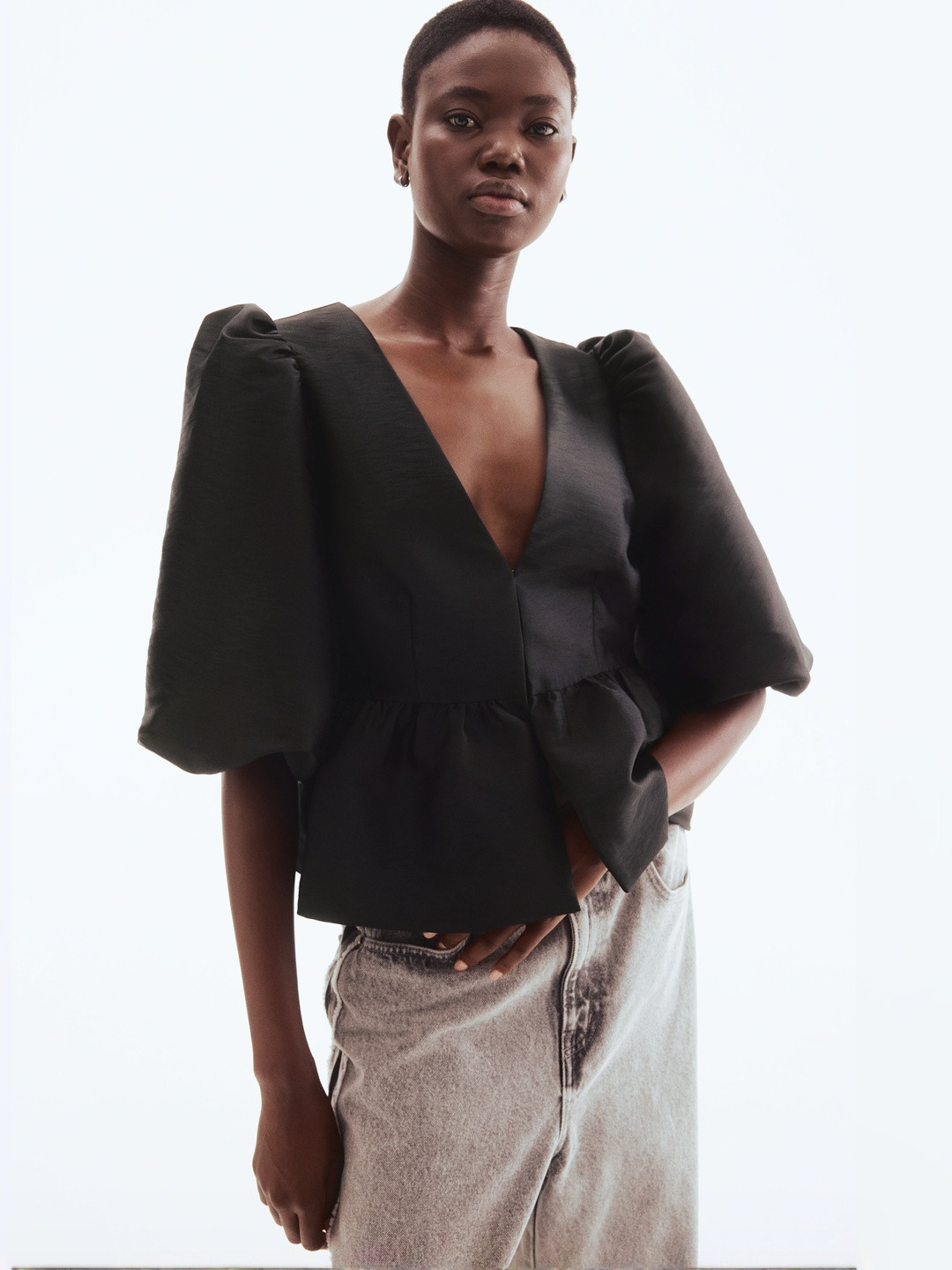 H&M Women V-Neck Puff Sleeves Peplum Blouse