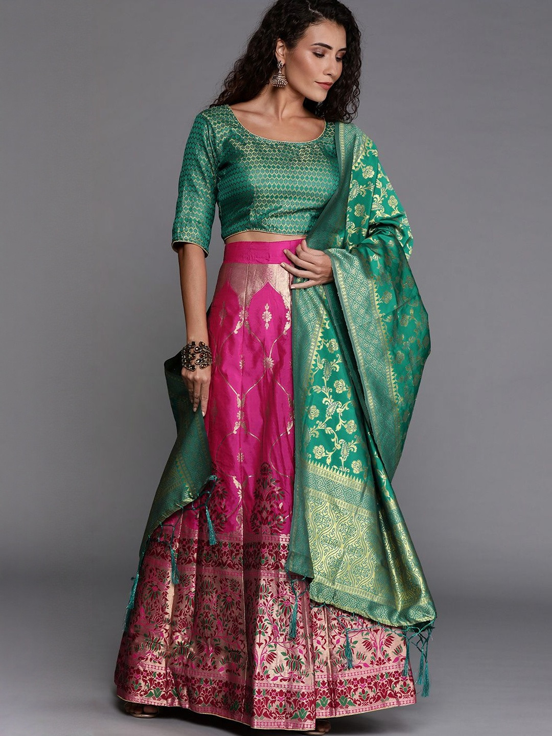 Suha Women Pink Art Silk Woven Design Unstitched Lehenga Choli