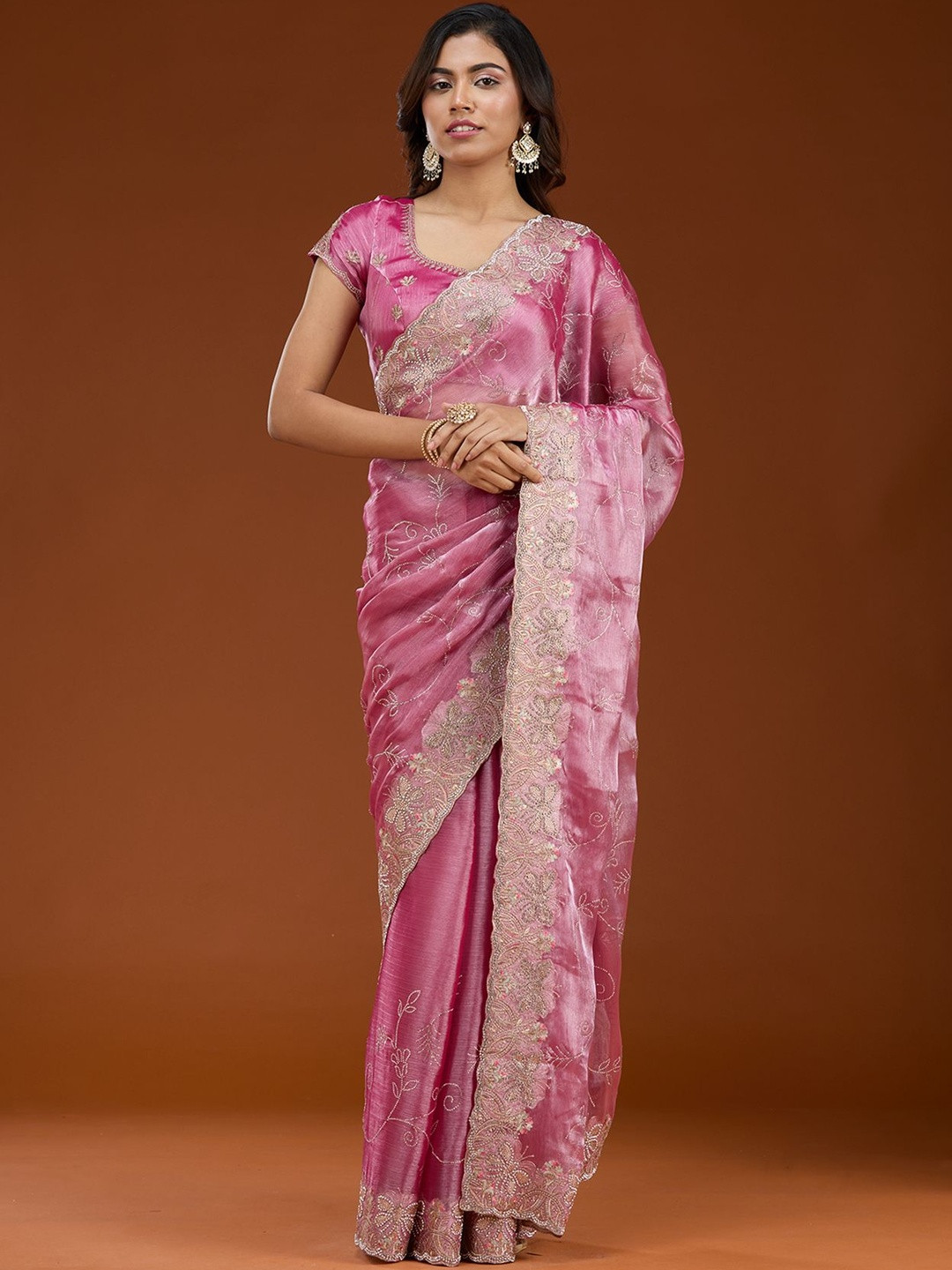Koskii Pink Stonework Gold Organza Saree