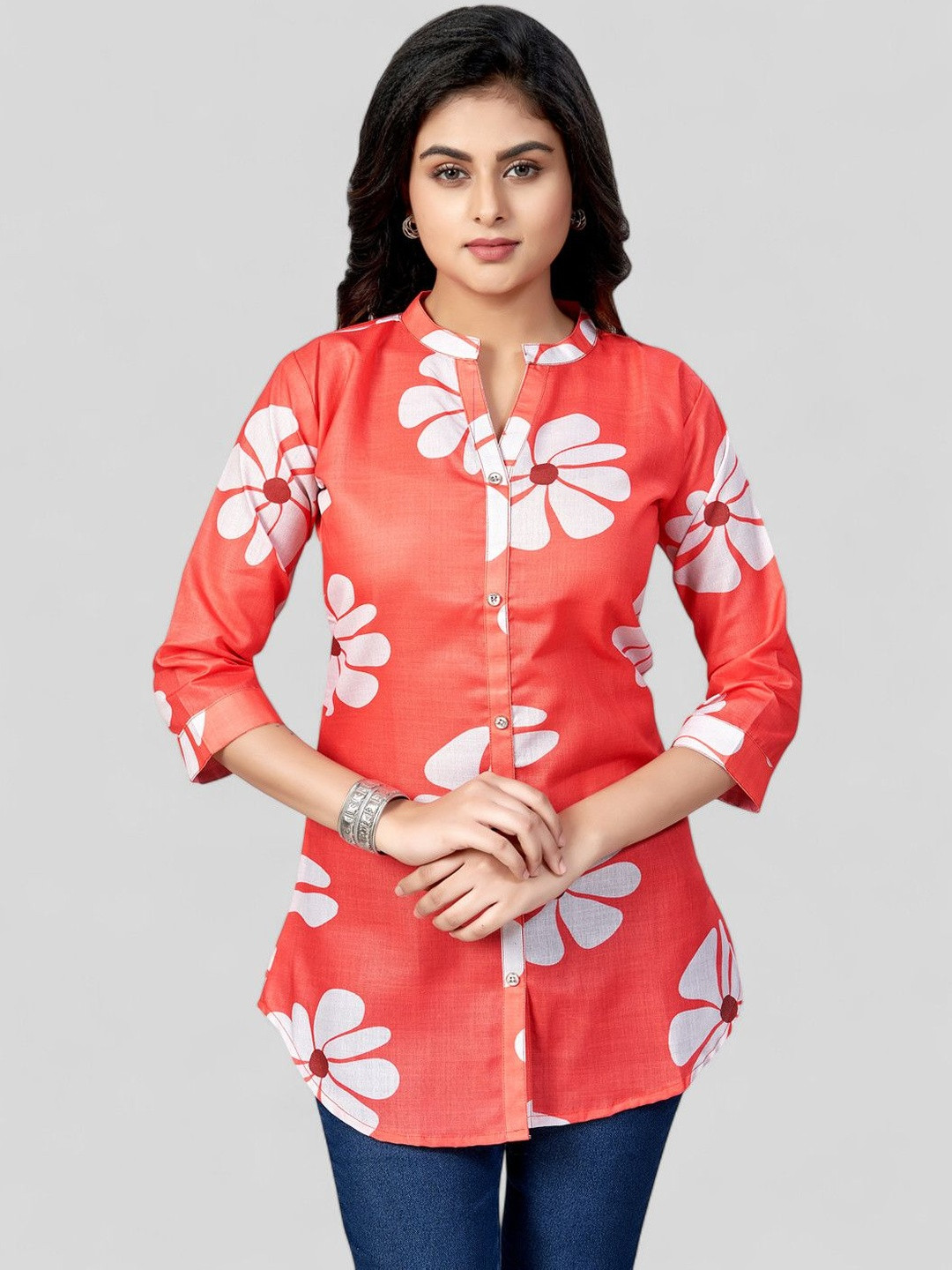 Saree Swarg Women Floral Printed Mandarin Collar Shirt Style Longline Top