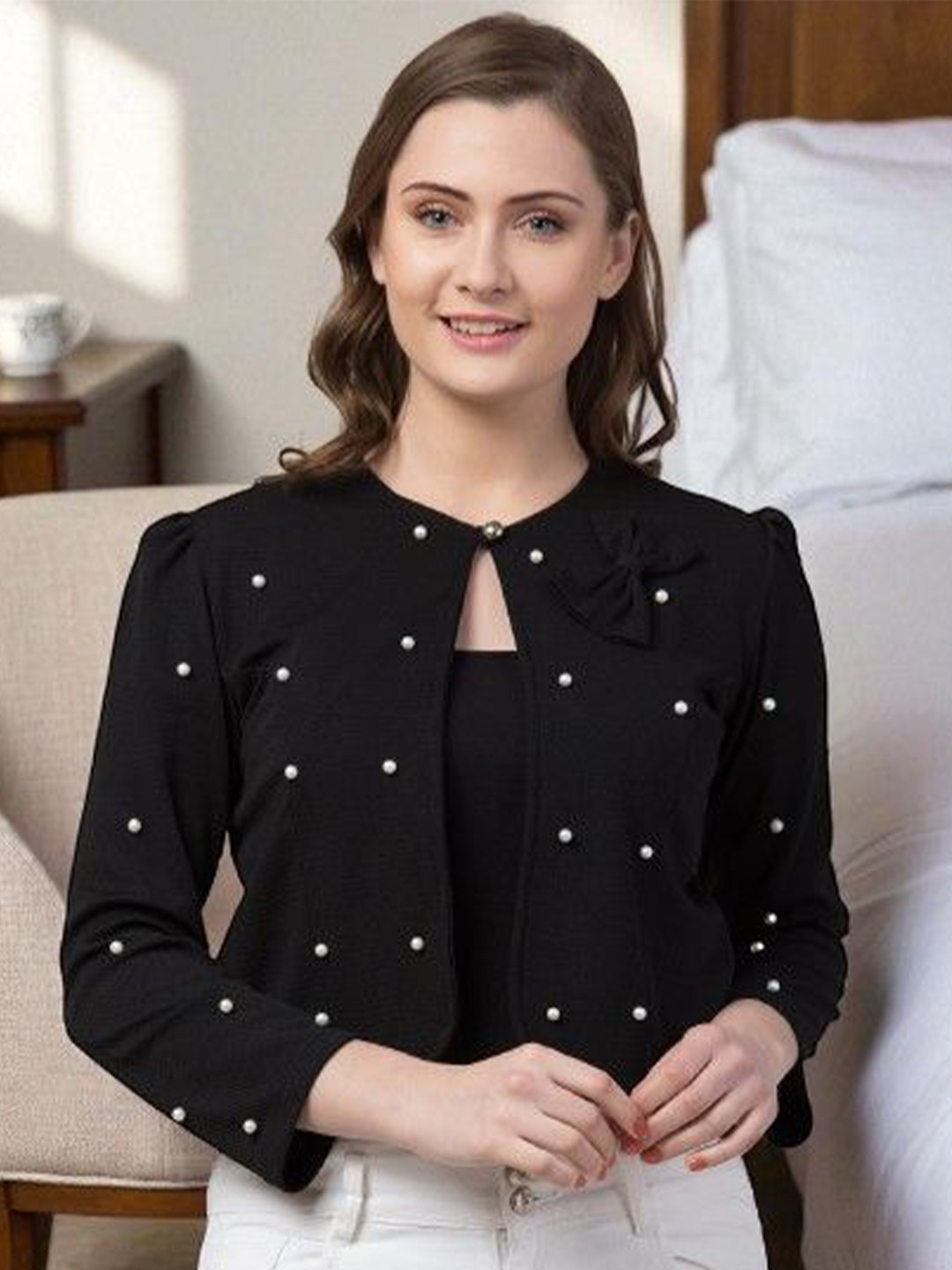 SFOTY Pearl Embellished Cropped Shrug with Bow