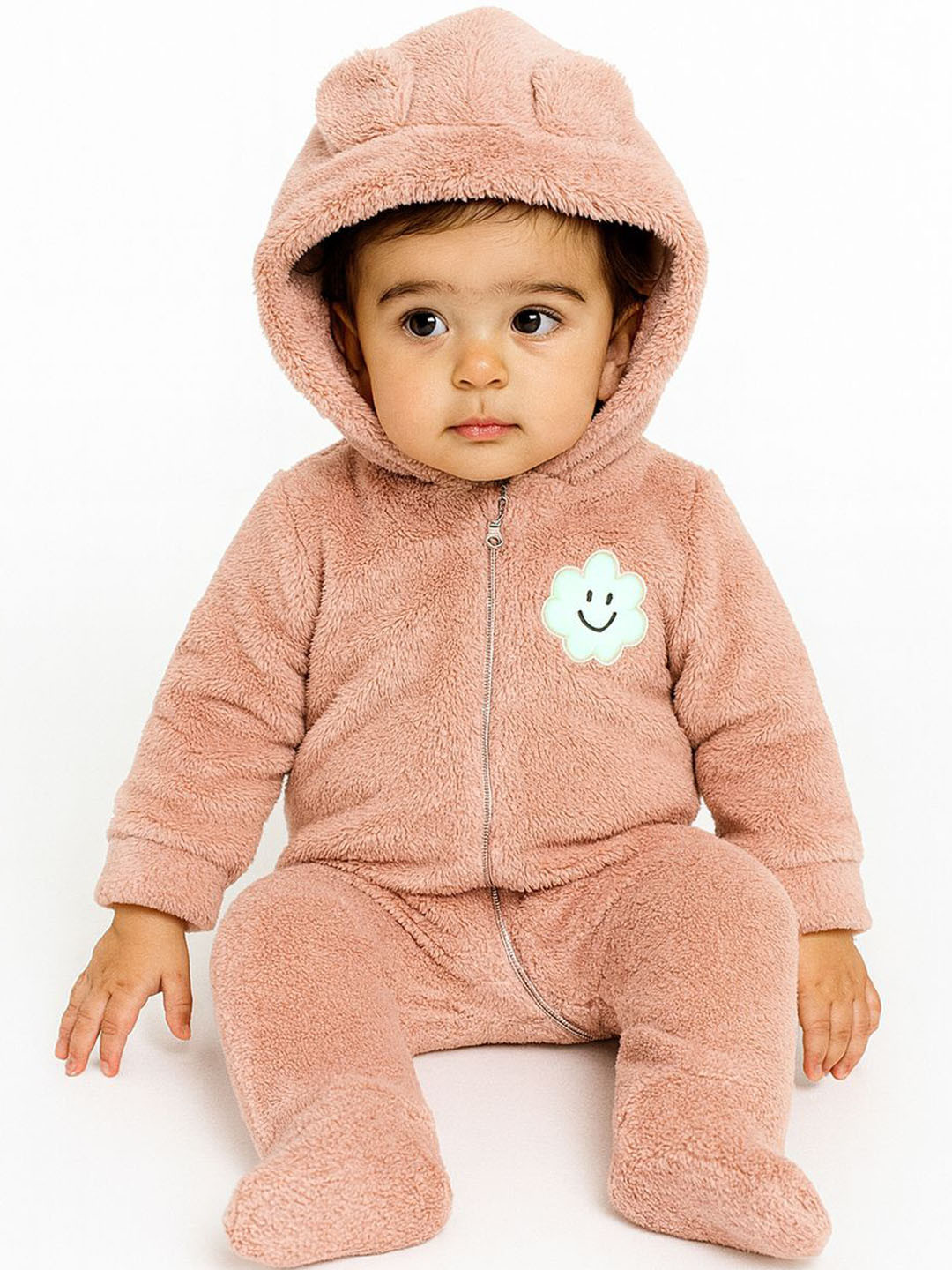 Nauti Nati Girls Pink Bear Hooded Printed Fur Sleepsuit