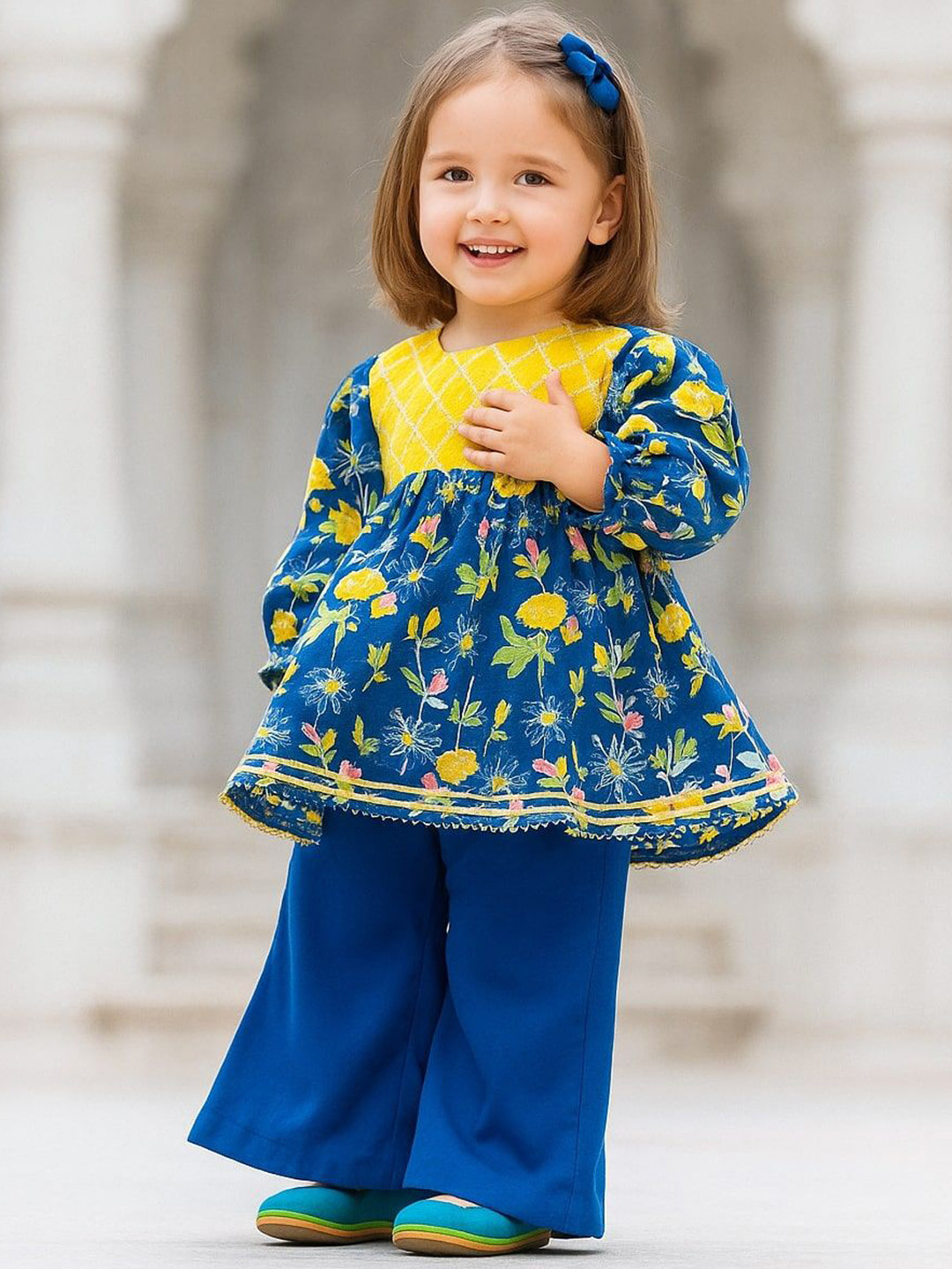 Mamma's Bear Girls Floral Printed Empire Gotta Patti Pure Cotton Kurti with Palazzos