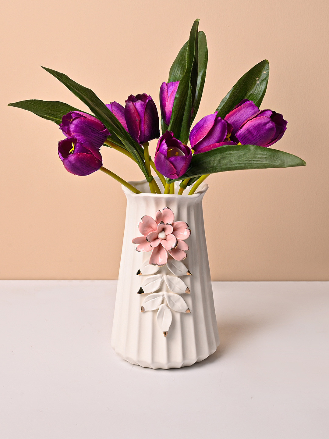 Market99 White Cylindrical Vase Floral Glossy Ceramic Elegant Home Decor