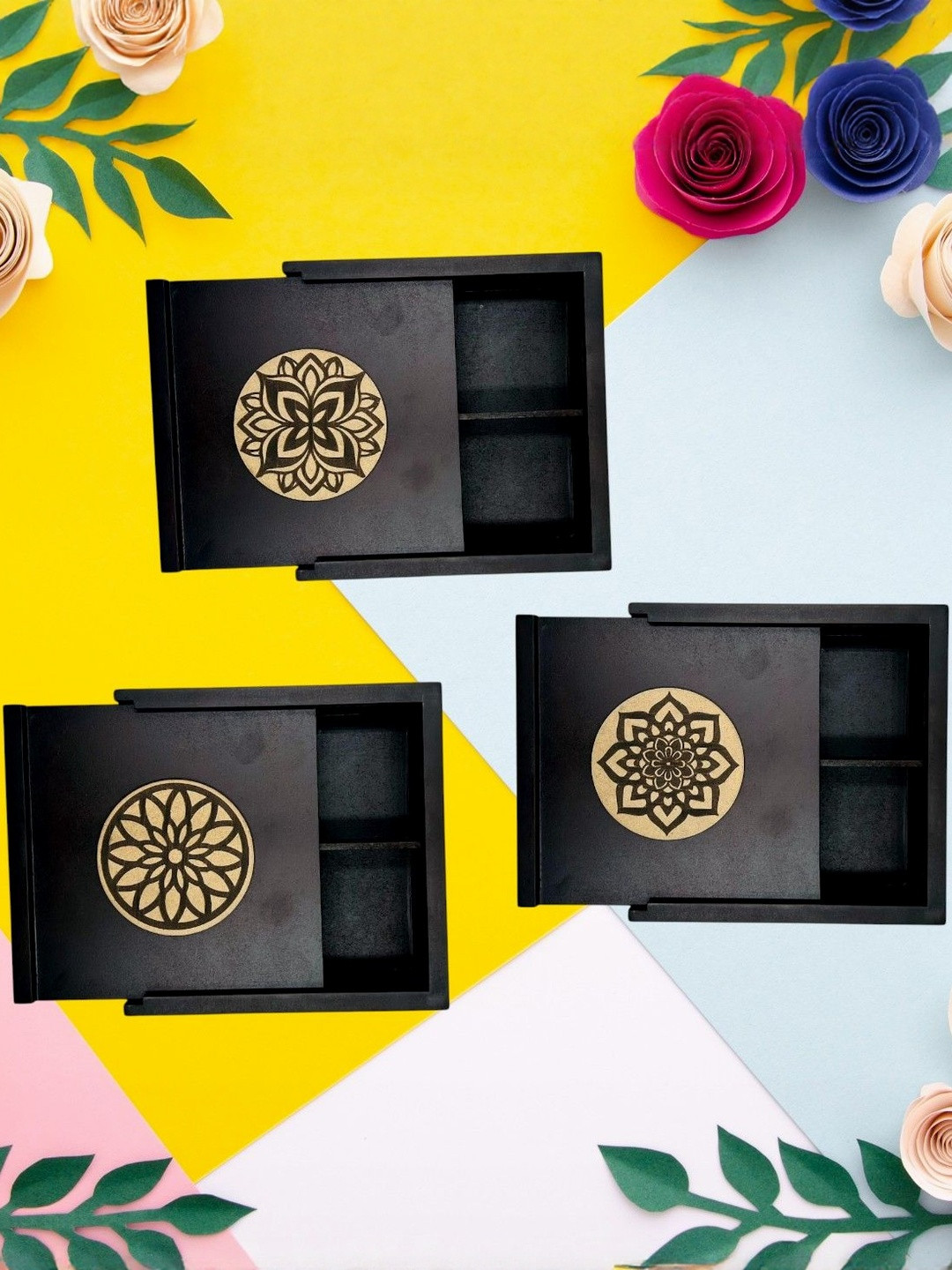 Angira handicrafts Set of 3 Wooden 4 Section Handcrafted Square Multipurpose Boxes