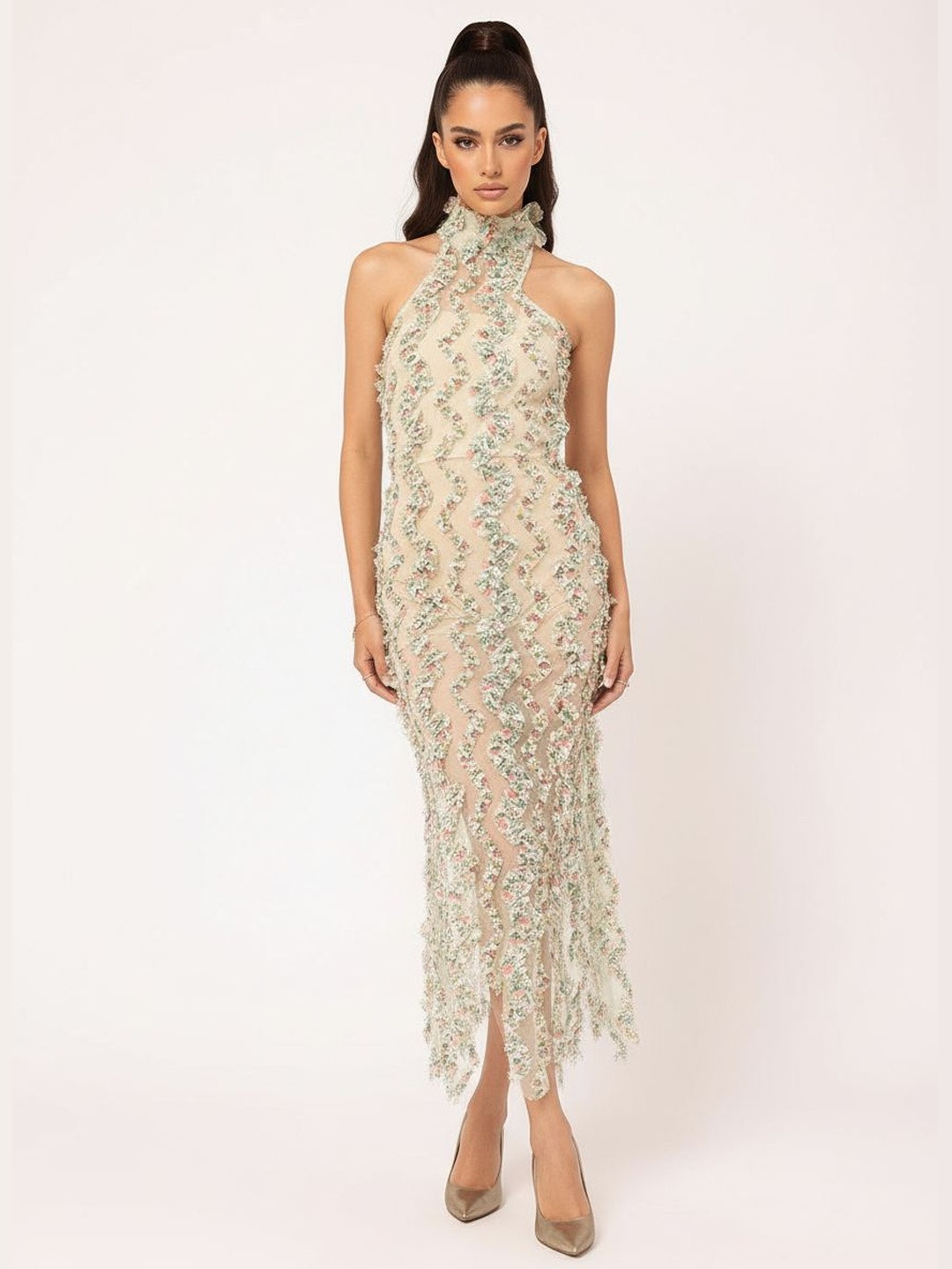 DressBerry Modern Vintage Ruffle Trims Sheer Net Backless Midi Dress