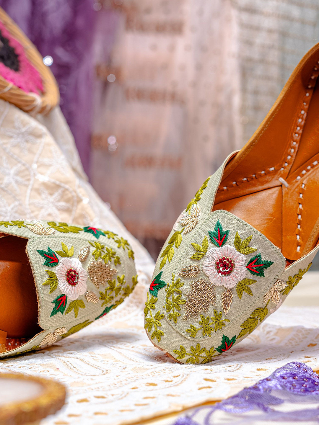 NR By Nidhi Rathi Women Ethnic Pista Green Handcrafted Jutti