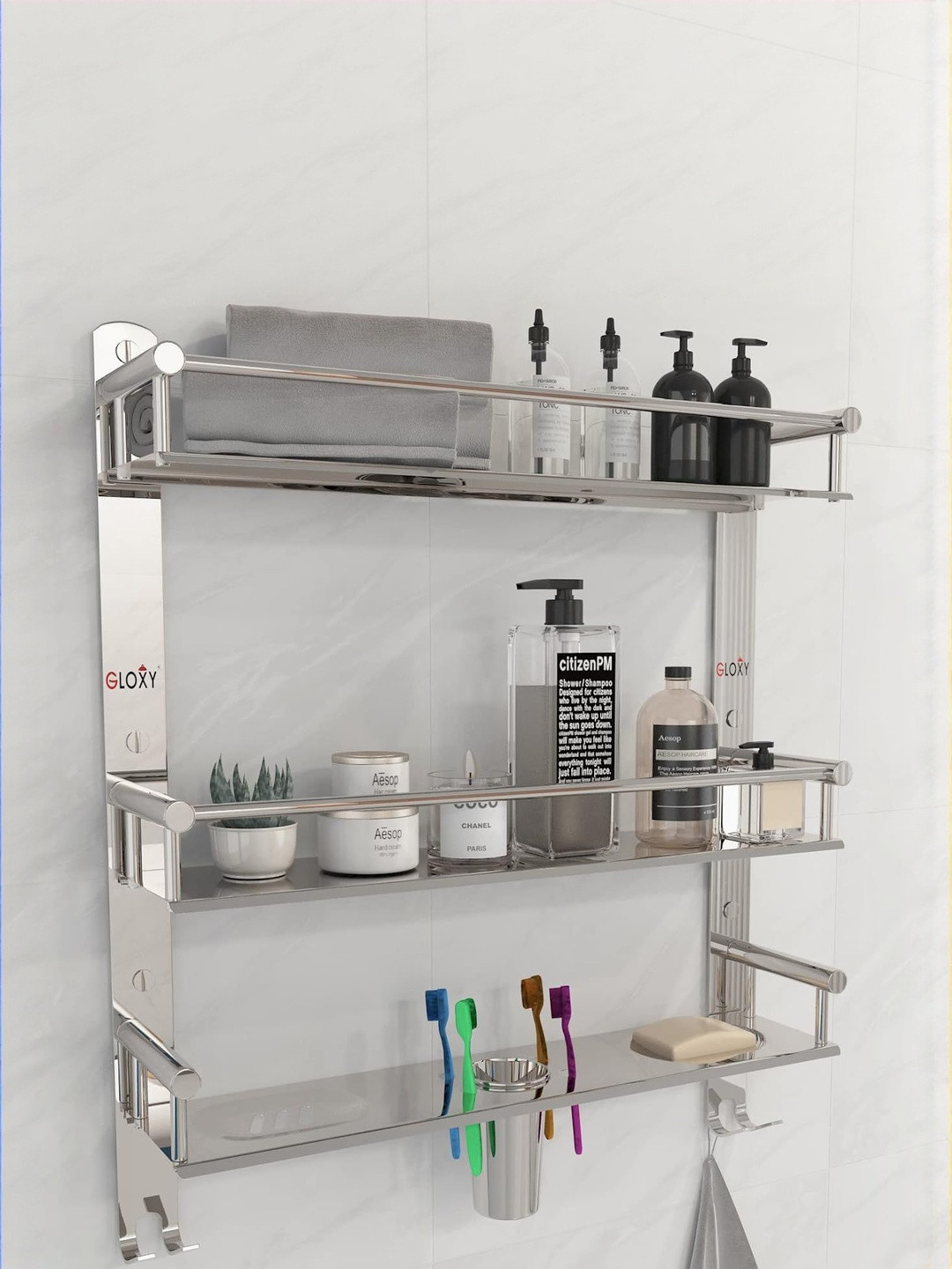 GLOXY Silver-Toned Stainless Steel 3 Layer Bathroom Shelf