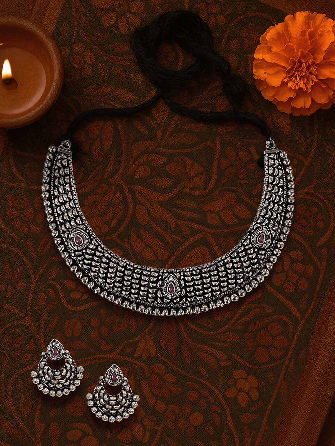 Kalakrith Milano Stones Studded Studded Oxidised Choker Necklace & Earrings