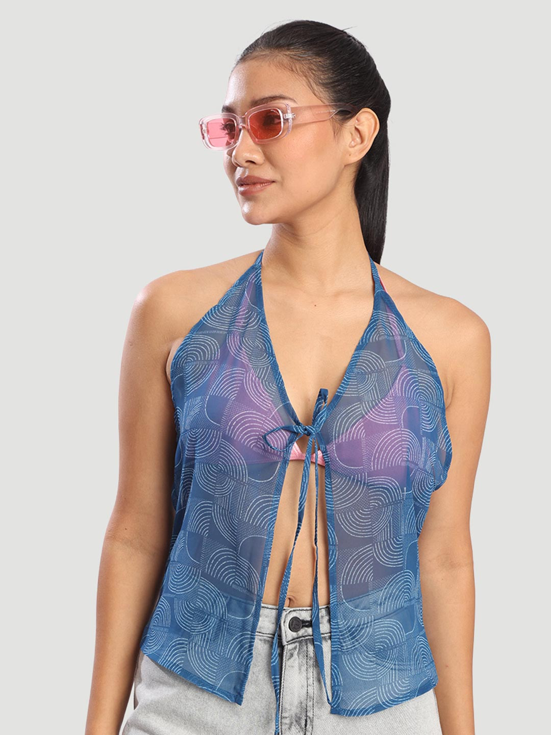Bene Kleed Printed Halter Neck Backless Sheer Shirt Style Top