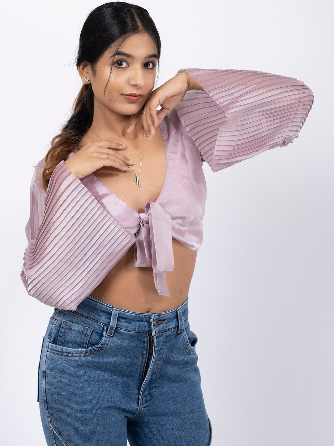 LABEL HINAL JAIN Women Textured Striped Tie-Ups Flared Sleeve Blouson Crop Top