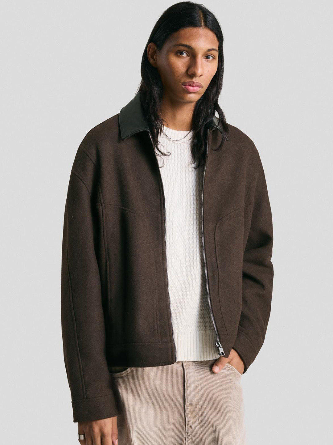 Bershka Men Solid Synthetic Wool Jacket With Contrast Collar