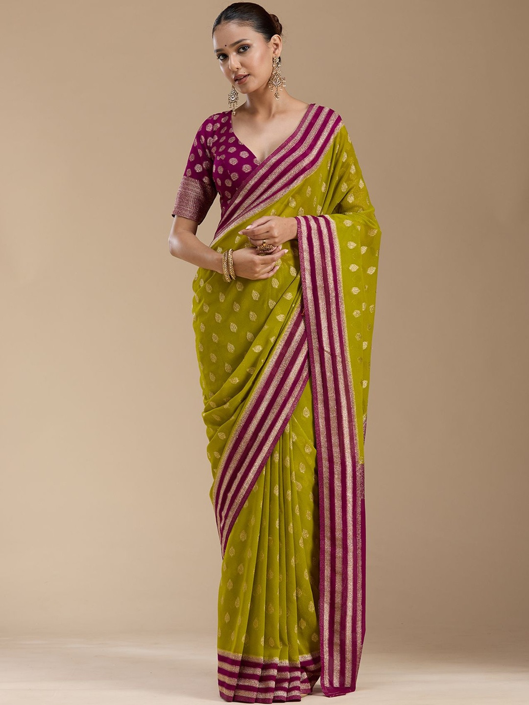 Koskii Parrot Green Zari work Gold Georgette Silk Saree