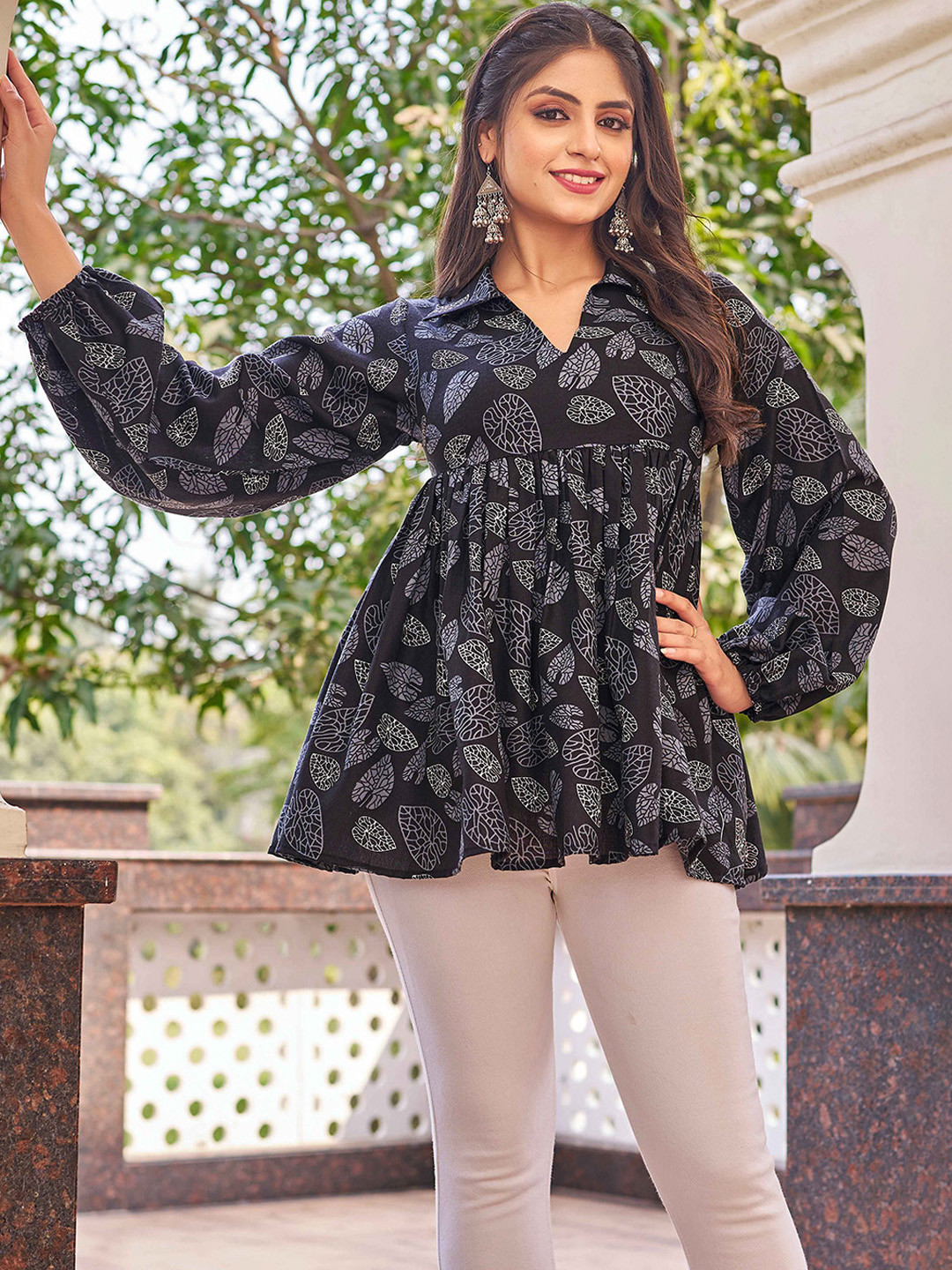 CHANSI Women Printed Cotton Shirt Collar Blouson Top