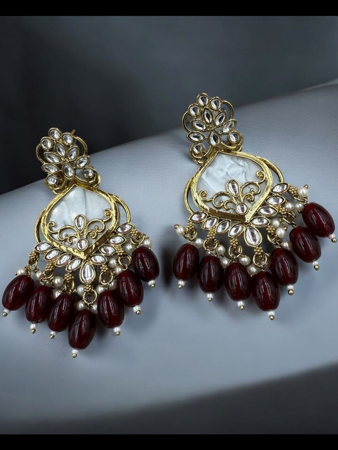 KADY Women Gold Plated Kundan & Maroon Beads Earrings