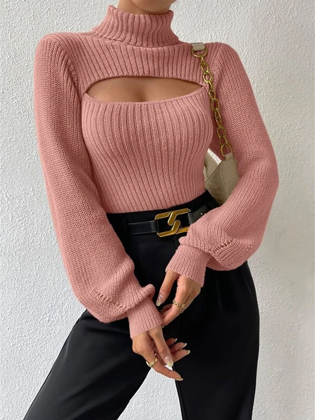 StyleCast Pink Ribbed High Neck Cut Out Top