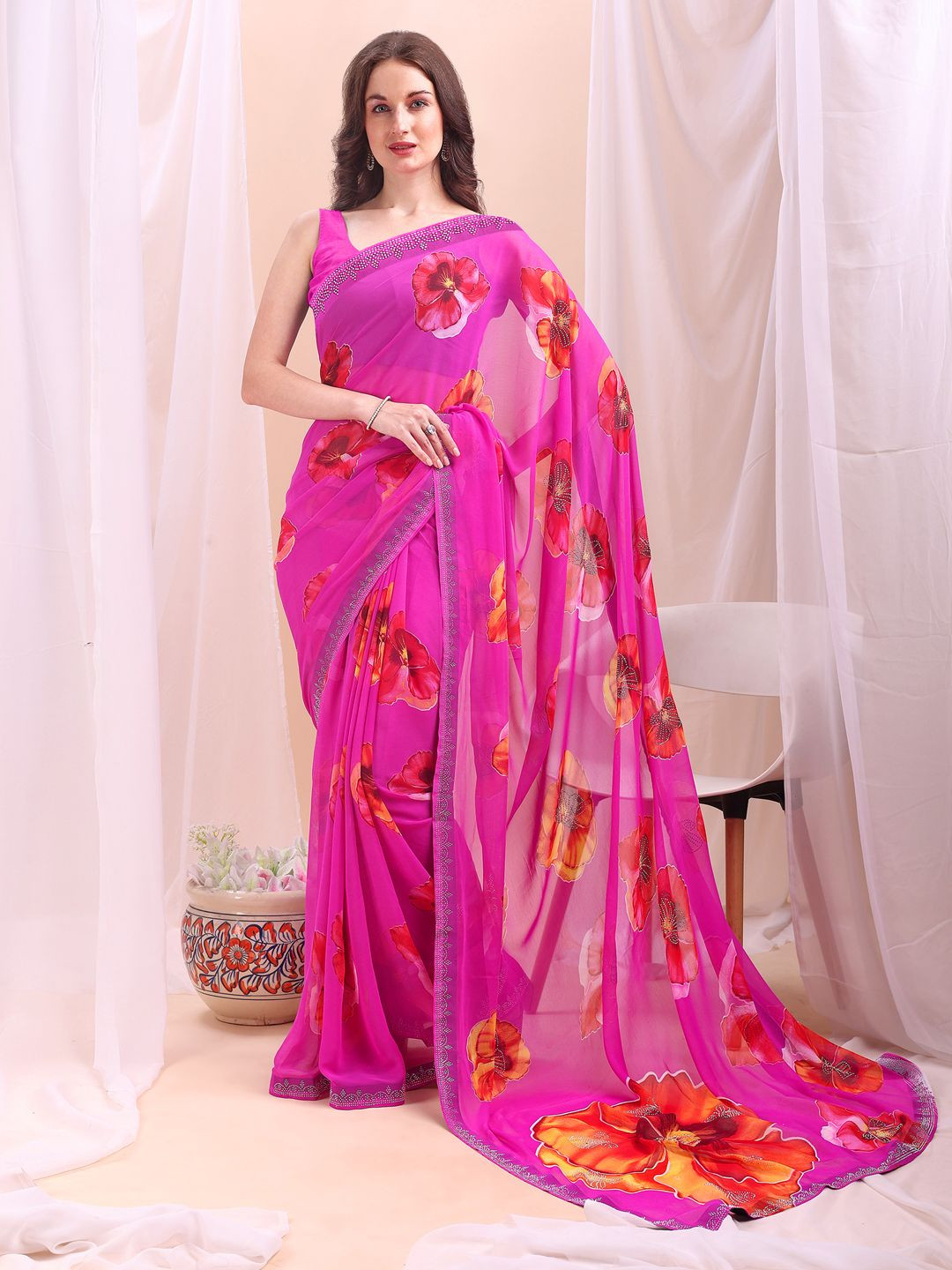 Leelavati Floral Printed Sequinned Pure Chiffon Saree