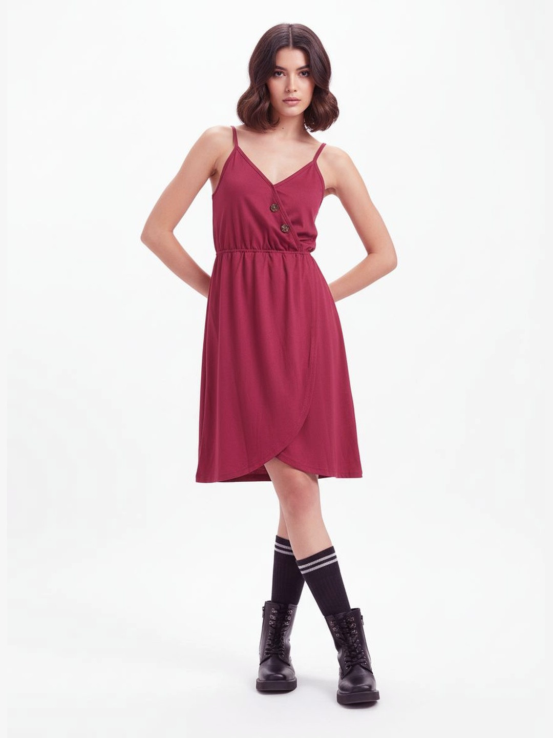 DressBerry Gathered Detail Shoulder Straps A-Line Wrap Dress with Mock Buttons