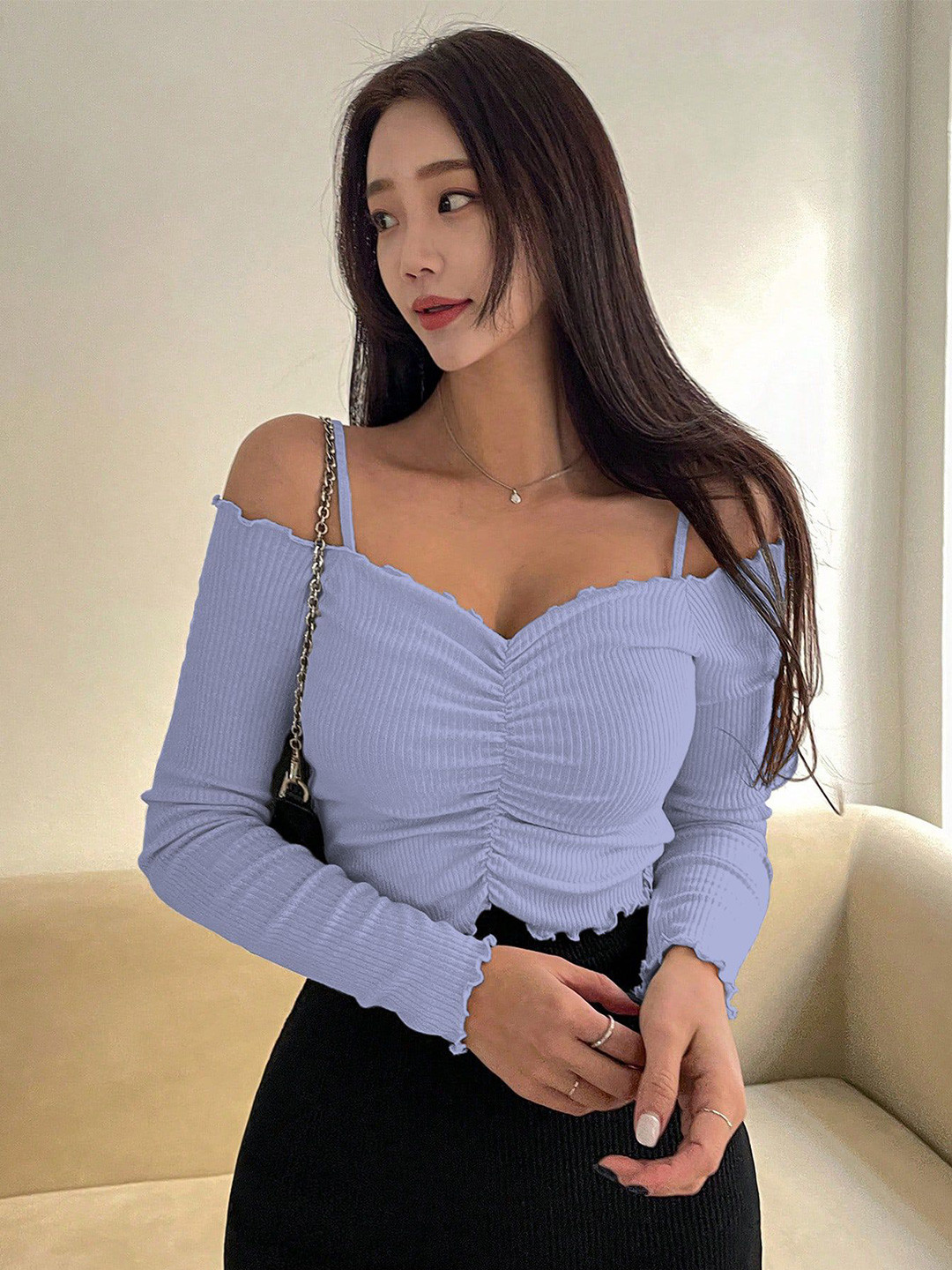 BAESD Women Ribbed Gathered Long Sleeve Crop Top