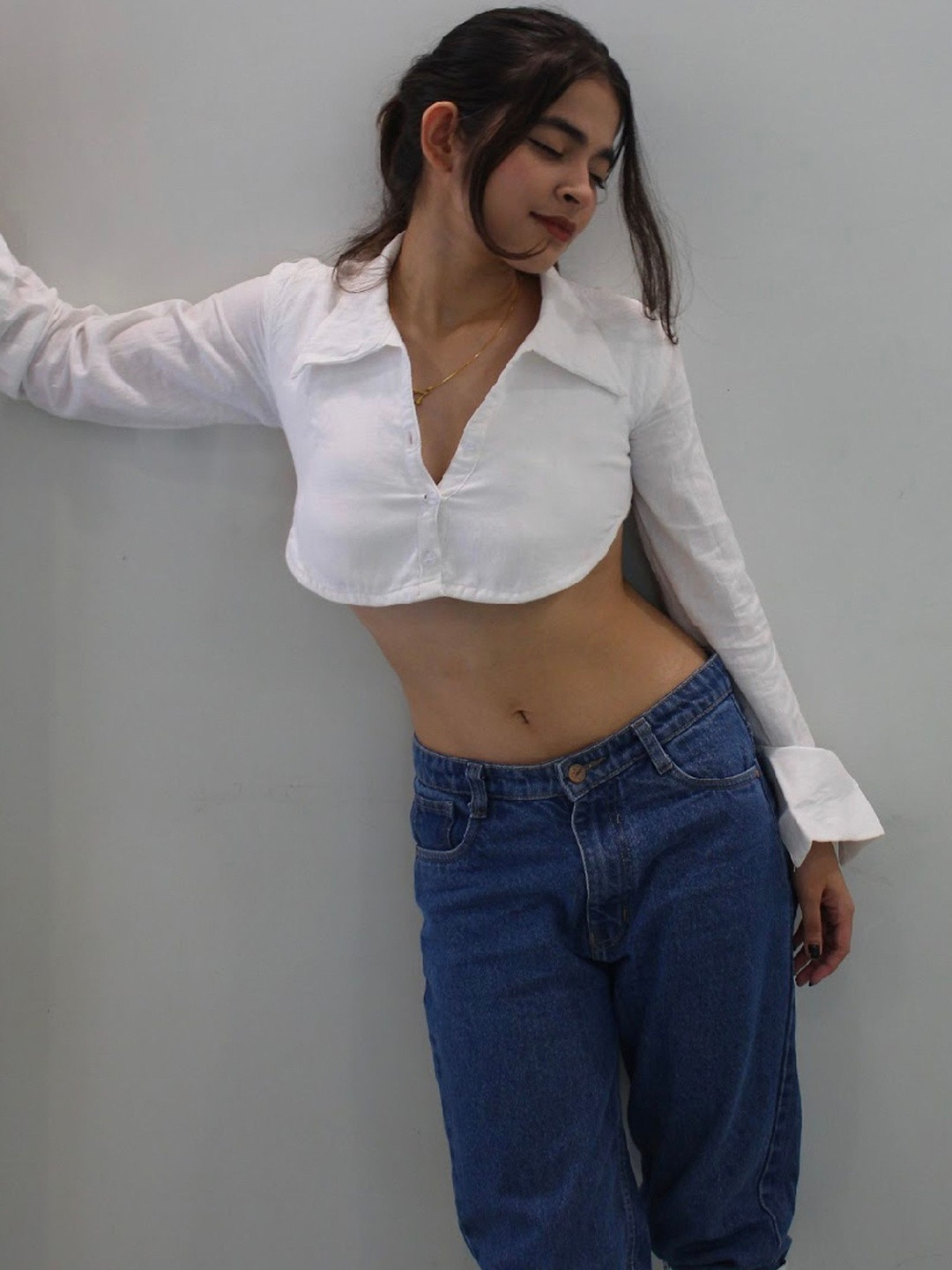 LABEL HINAL JAIN Women Solid Cut Out Shirt Collar Super Crop Shirt Style Top