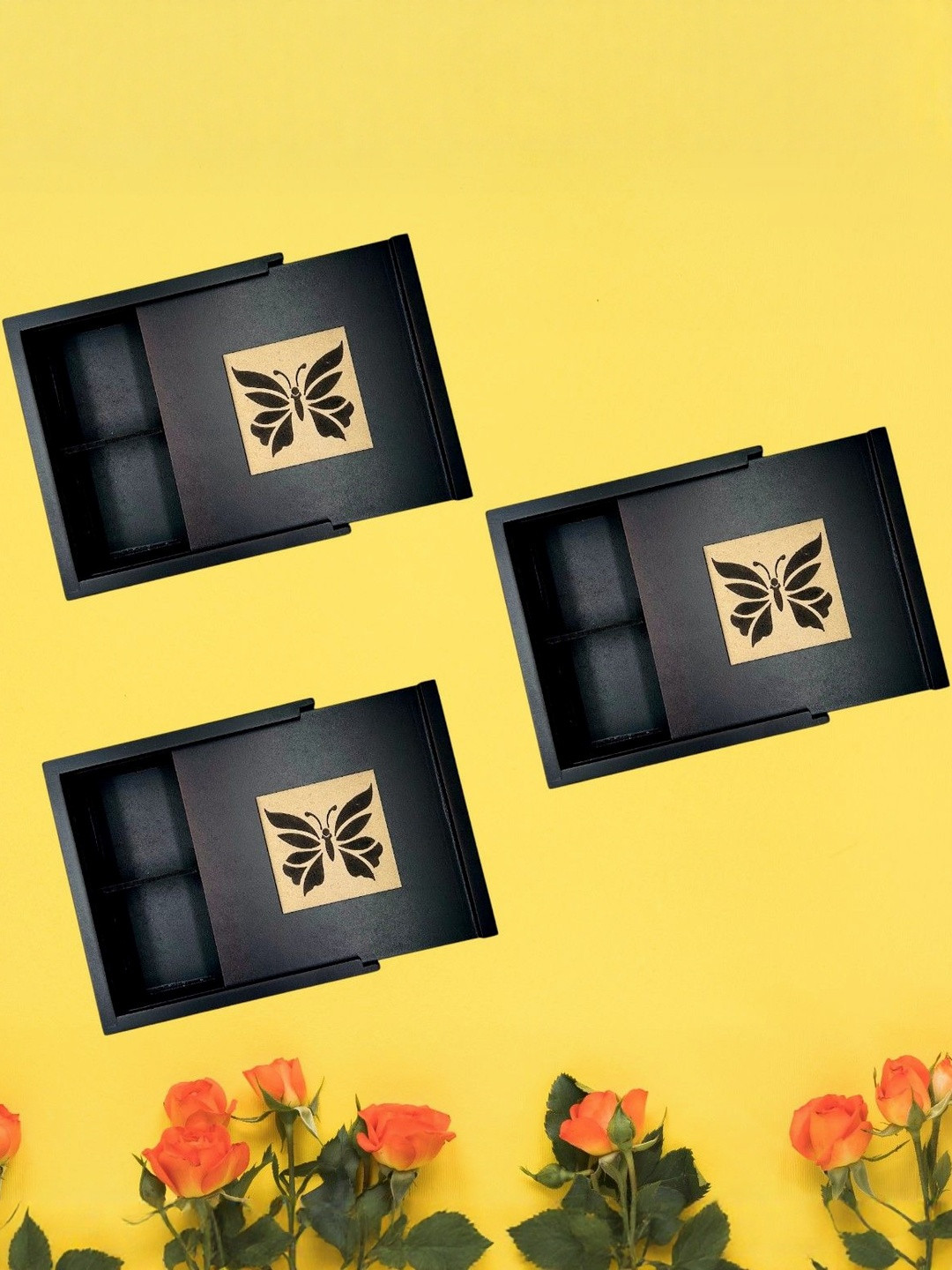 Angira handicrafts Set of 3 Wooden 4 Section Handcrafted Square Multipurpose Boxes